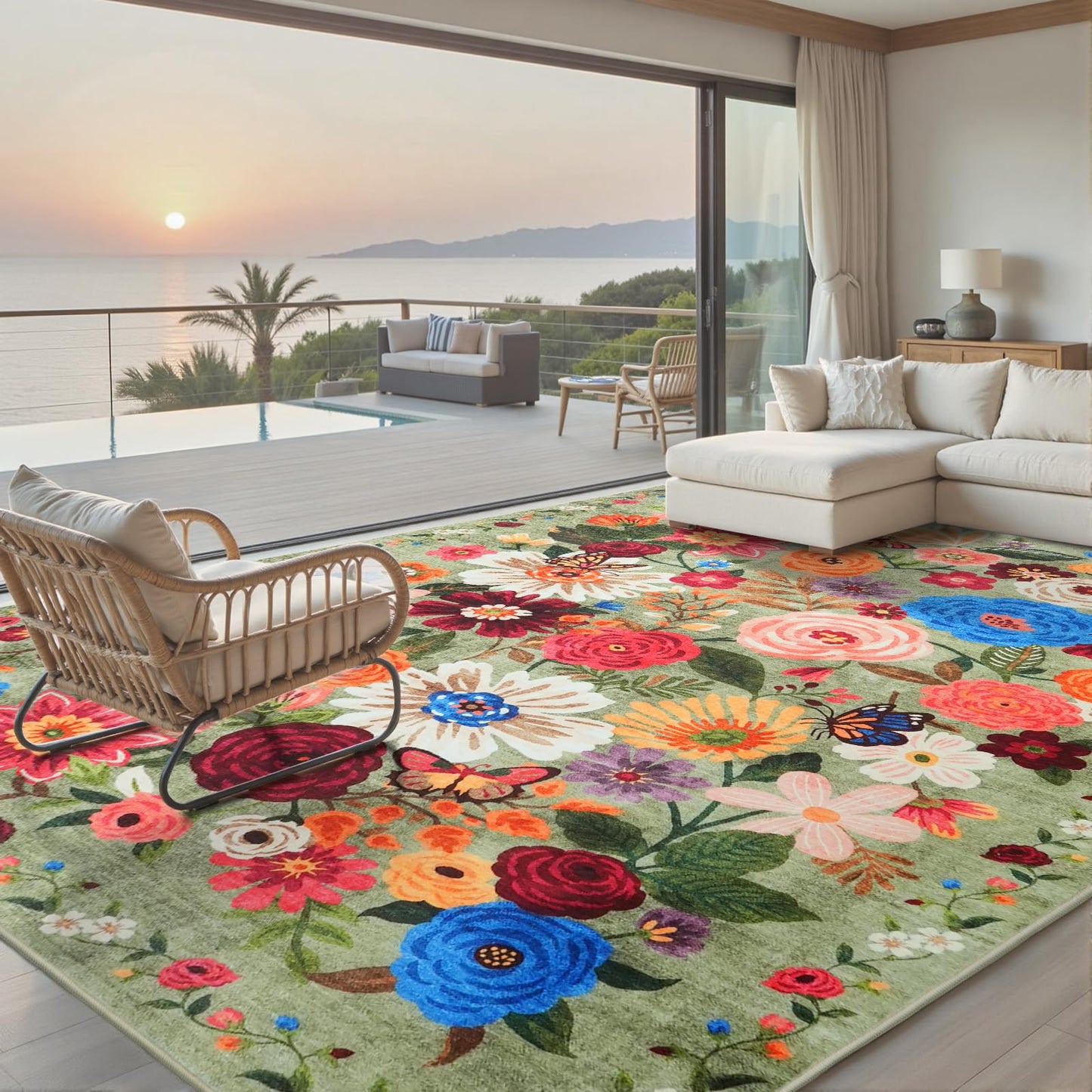 Babovid Green Area Rugs 10x14 for Living Room, Non Slip Machine Washable Floral Rugs, Low Pile Lightweight Large Rug for Bedroom, Dining Room, Home Office