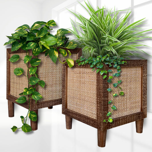 Autumn Alley Rustic Boho Large Indoor Planter - Rattan Planter Boxes Outdoor Set of 2 – Wooden Indoor or Outdoor Plant Box Stands – Decorative Square Woven Rattan Flower Pots for Home & Office