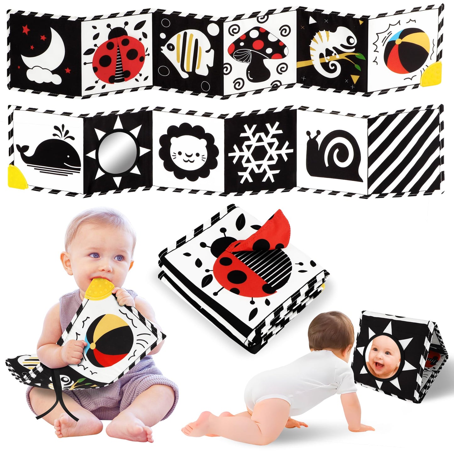 High Contrast Baby Book with Teether, Black and White Baby Book, 0-6-12 Months Soft Book for Newborn, Sensory Books, Montessori Learning Activities for Babies, Easter Basket Stuffer