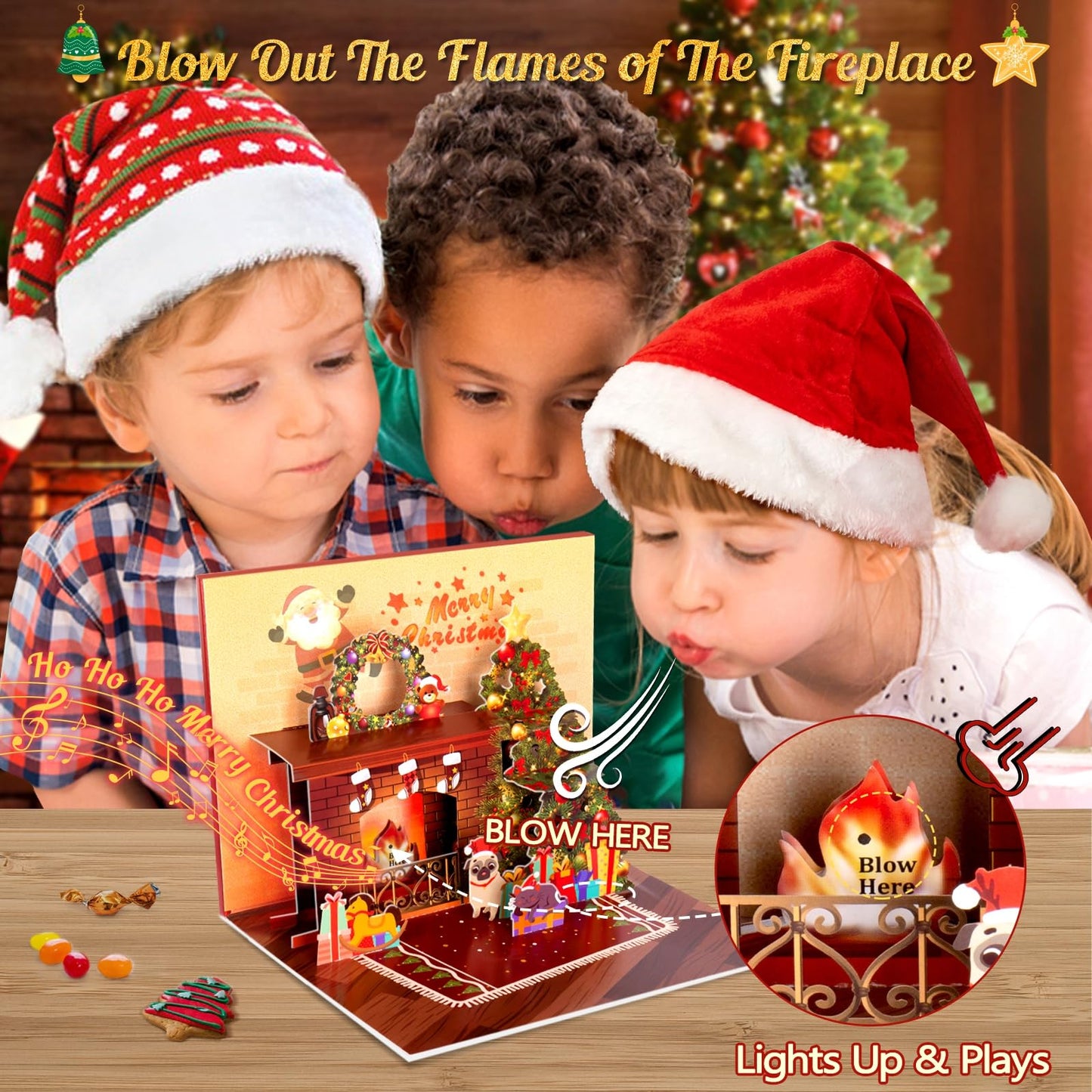 FITMITE Christmas Card Pop Up with Light and Music 3D Santa Fireplace Merry Christmas Greeting Card with Envelope for Kids Girls Women Man Christmas Gift