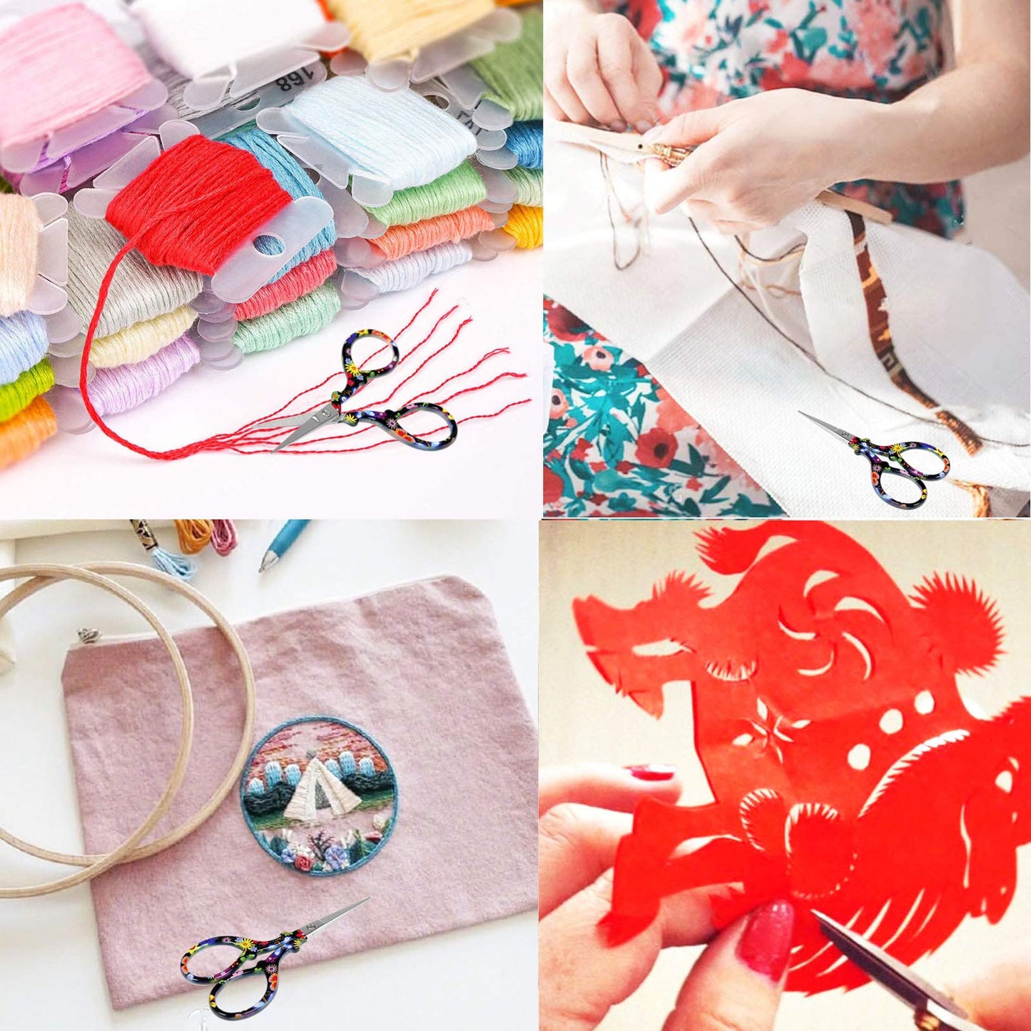 BIHRTC 3.6 Inch Embroidery Scissors - Sharp Stainless Steel Pointed Scissors for Cross Stitch, Sewing, Craft & DIY - Black Flower Design