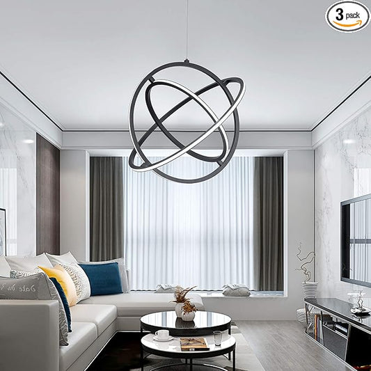 Modern LED Pendant Light Dimmable Creative Chendalier Adjustable Hanging Pendant Lighting Circle 3 Rings 6000K Cool Light Fixture for Dining Room Bedroom Kitchen Island Hall 80W (Black)