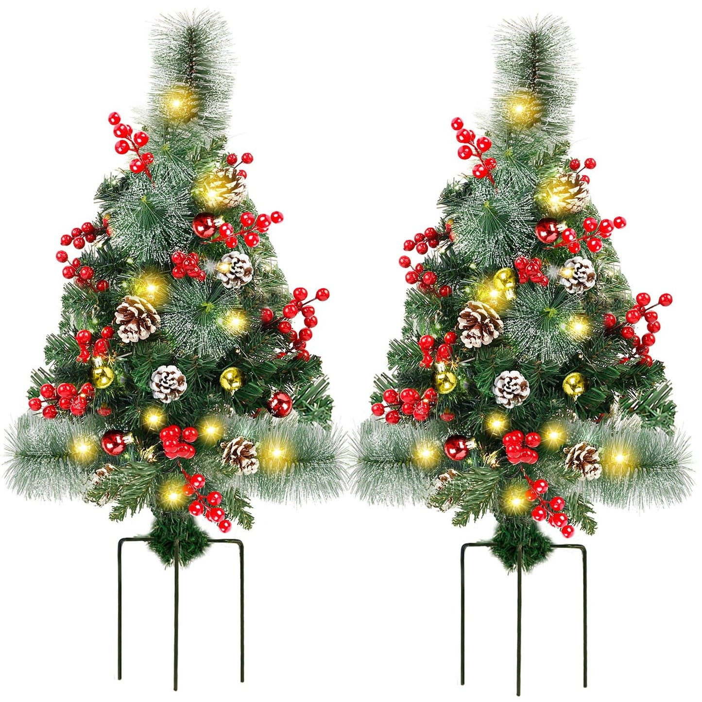Juegoal 2 Pack 30 Inch Pre-Lit Pathway Christmas Trees, Artificial Christmas Urn Filler with 60 LED Lights, Red Berries, Pine Cones & Balls Ornaments, Battery Operated Holiday Decor for Driveway, Yard