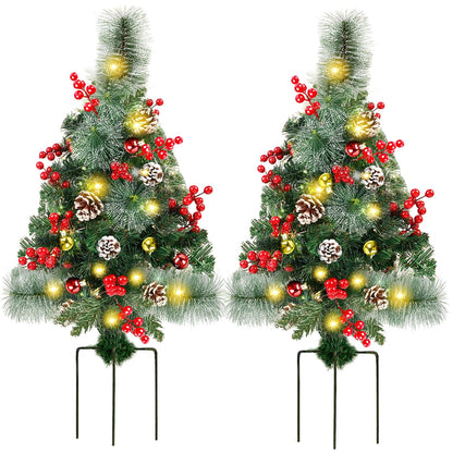 Juegoal 2 Pack 30 Inch Pre-Lit Pathway Christmas Trees, Artificial Christmas Urn Filler with 60 LED Lights, Red Berries, Pine Cones & Balls Ornaments, Battery Operated Holiday Decor for Driveway, Yard