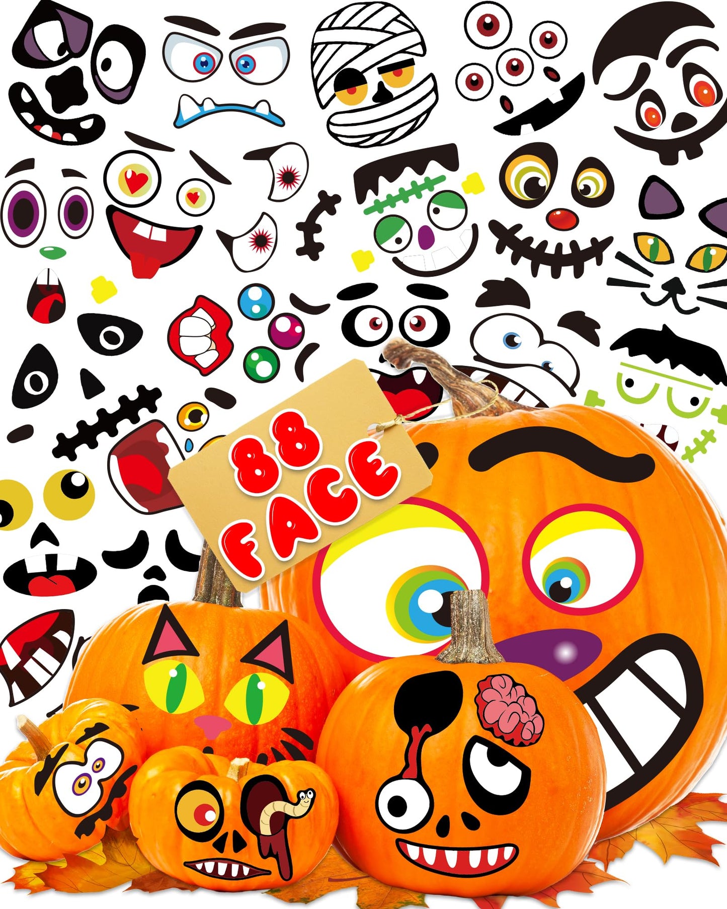 Oomloid Halloween Pumpkin Stickers for Kids, 88 Funny Face Pumpkin Decorating Kit, Halloween Crafts Games Halloween Pumpkin Painting Kit for Halloween Party Decorations