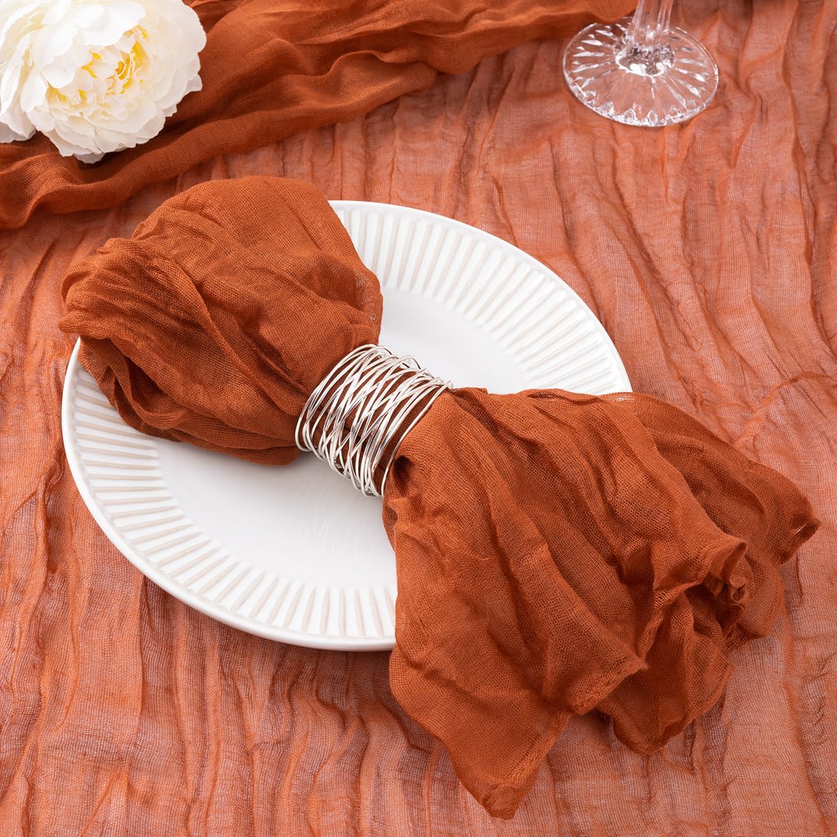 DeZerlor 20 Pack Terracotta Cheesecloth Napkins Burnt Orange Fall Cloth Napkins Set of 20 Rust Thanksgiving Table Napkins Bulk 21x21 Inches for Wedding Bridal Baby Shower Dinner Party Decor