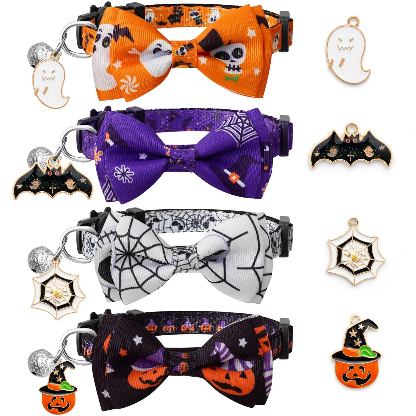 LLHK 4 Pack Halloween Cat Collar with Bow Tie and Bell,Breakaway Kitten Collar for Girl Boy Cats,Adjustable 7-12inch,for Kitty Kitten Adult Cats,Pet Supplies…
