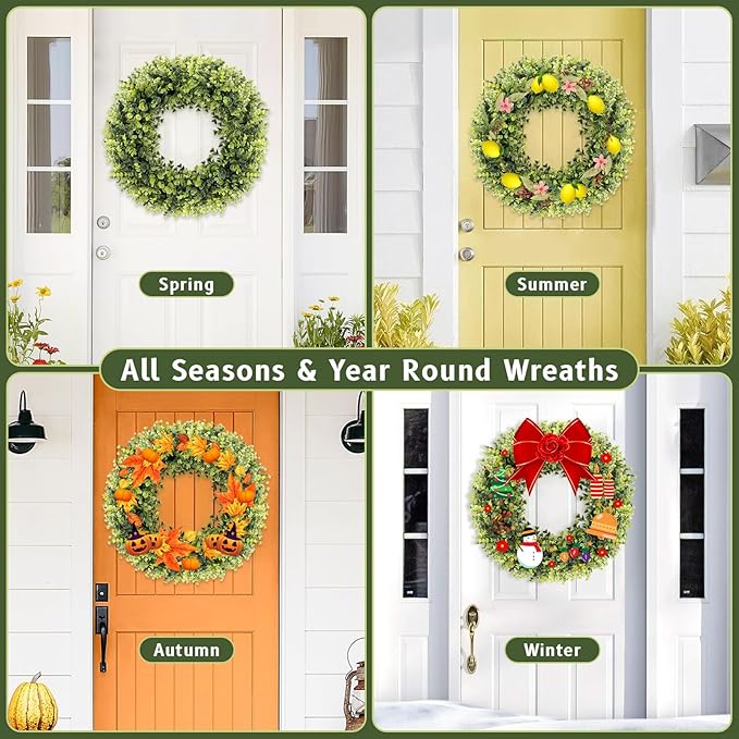 Spring Summer Boxwoods Green Wreath for Front Door Decor, 18-20Inch Greenery Artificial All Seasons Wreaths for Wall Window Porch Home Farmhouse Outdoor Outside Indoor Hanging Decorations