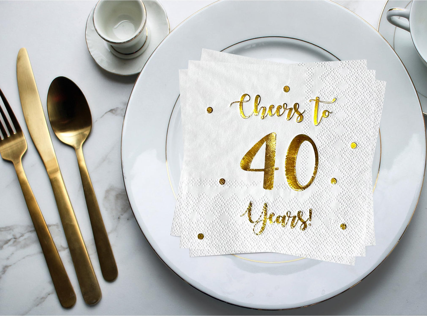 Cheers to 40 Years Cocktail Napkins | Happy 40th Birthday Decorations for Men and Women and Wedding Anniversary Party Decorations | 50-Pack 3-Ply Napkins | 5 x 5 inch folded (White)