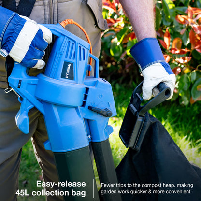 Hyundai Leaf Blower, Garden Vacuum & Mulcher with Large 45 Litre Collection Bag, 12m Cable, 62-170mph Variable Airspeed, Reaches Whole Garden & 3 Year Warranty, Blue