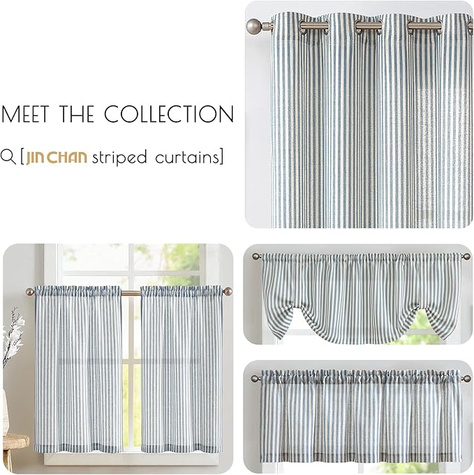 jinchan Tie Top Linen Kitchen Curtains 36 Inches Striped Tier Curtains Farmhouse Modern Cafe Style Small Window Treatments Airy Light Filtering Rod Pocket for Living Room Bathroom 2 Panels Blue