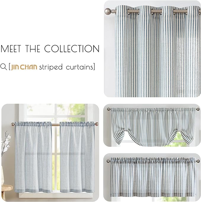jinchan Tab Top Linen Kitchen Curtains 36 Inches Striped Tier Curtains Farmhouse Modern Cafe Style Small Window Treatments Airy Light Filtering Rod Pocket for Living Room Bathroom 2 Panels Blue