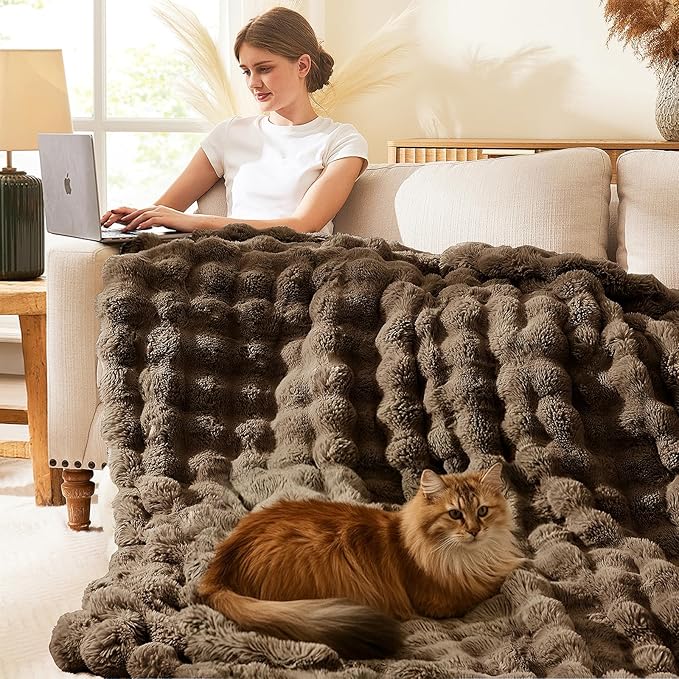 L'AGRATY Faux Rabbit Fur Blanket: 50" x 60" Luxury Soft Fluffy Thick Fur Throw Blanket for Couch Bed Sofa - Cozy Plush Bubble Blankets for Winter: Warm Flannel Fleece Decorative Blanket(Cocoa Brown)