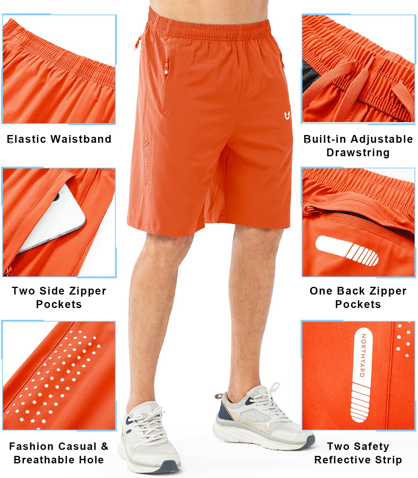 NORTHYARD Men's Athletic Running Shorts Gym Workout 7"/9"/5" Quick Dry Lightweight Sports Basketball Tennis 3 Zipper Pockets ORANGE-9inch 4XL