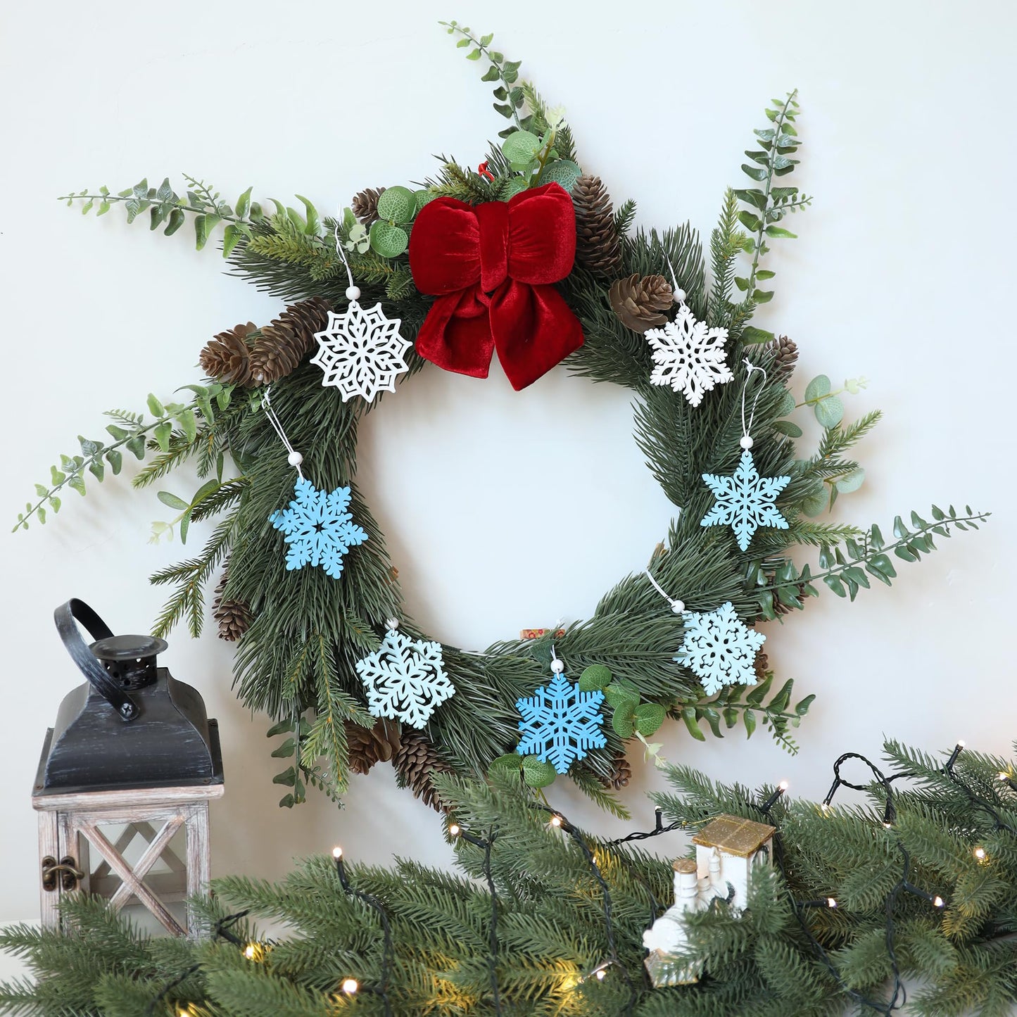 16Pieces Blue Snowflakes Ornaments 3inch Wooden Snowflake Christmas Tree Ornament for Winter Wonderland Christmas Decoration DIY Crafts 8 Styles