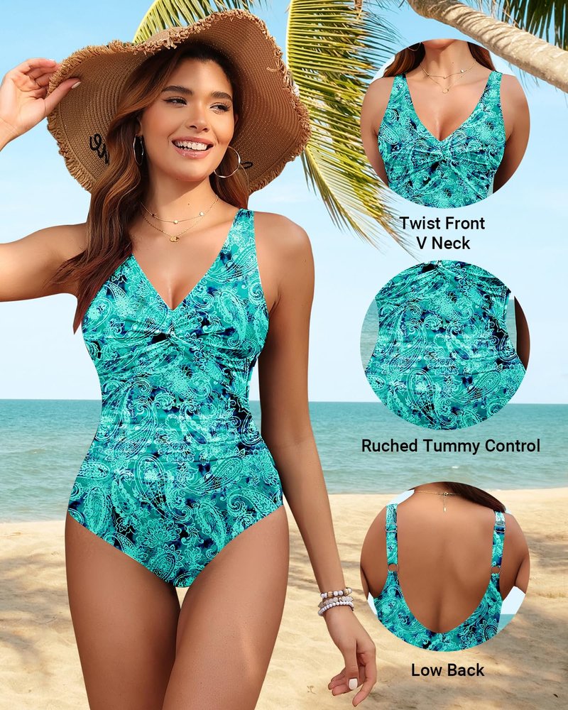 Holipick Green Paisley Women Tummy Control One Piece Swimsuit - Push Up Bathing Suit Full Coverage Slimming Swimwear XL