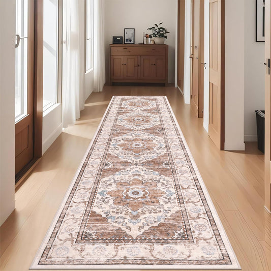 Ileading Vintage Runner Rug for Hallway,Machine Washable Carpet Runners with Rubber Backing,Non Slip Kitchen Floor Mat for Entryway Bedroom Laundry Living Room(Beige&Orange 2x8ft)