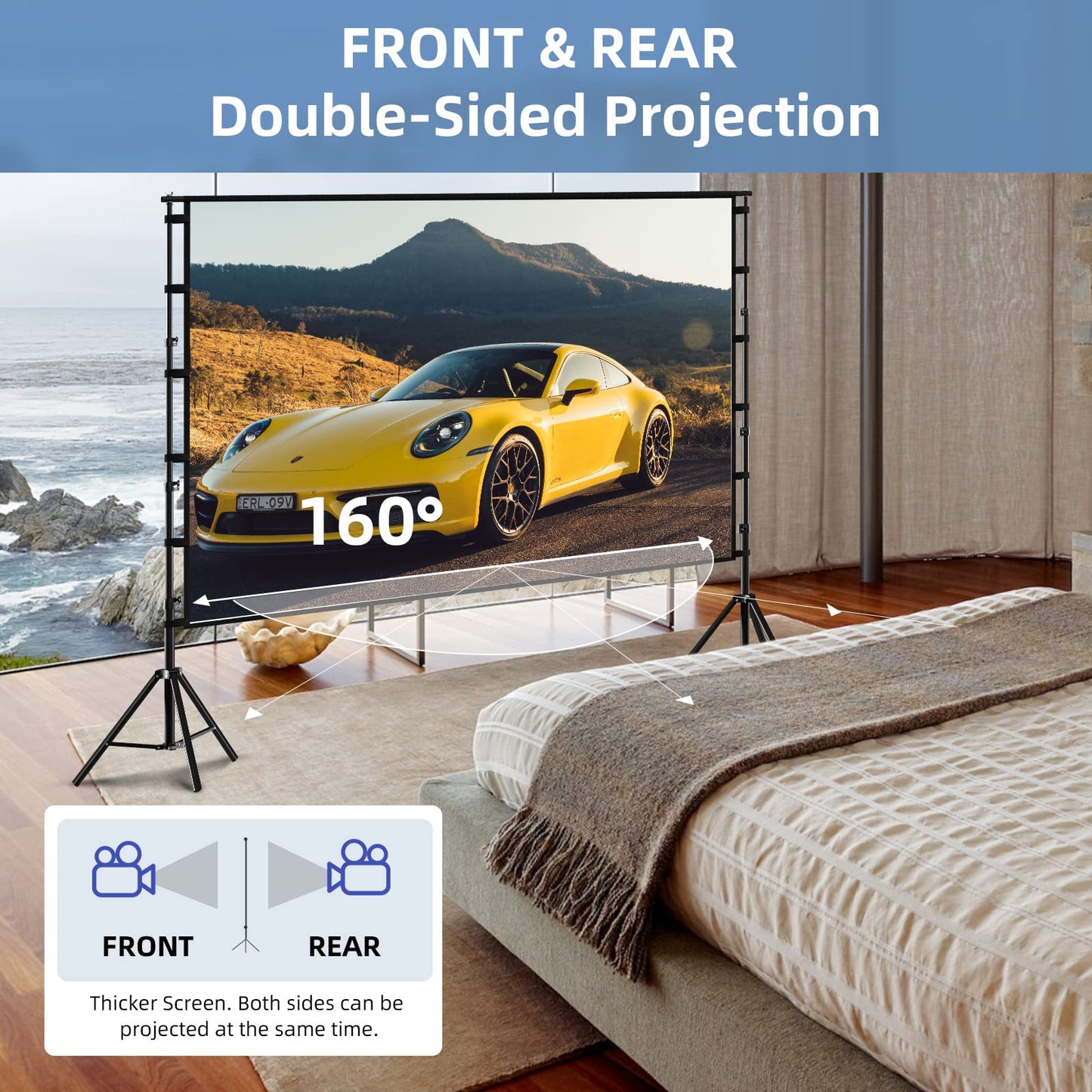 TOWOND Projector Screen and Stand, 120 inch Outdoor Projection Screen, Portable 16:9 4K HD Rear Front Movie Screen with Carry Bag Wrinkle-Free Design for Home Theater Backyard Cinema
