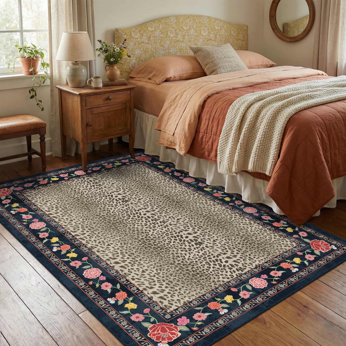 Rugxara 4x6 Leopard Print Rug for Living Room, Machine Washable Area Rug for Bedroom, Non-Slip Low Pile Animal Cheetah Carpet with Rubber Backing for Dining Room Kitchen Home Decor, Brown Blue