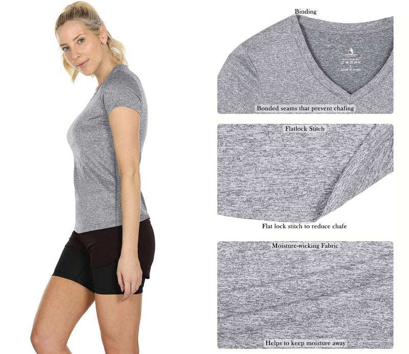 icyzone Workout Shirts Yoga Tops Activewear V-Neck T-Shirts for Women Running Fitness Sports Short Sleeve Tees (XL, Black/Granite/Blue)