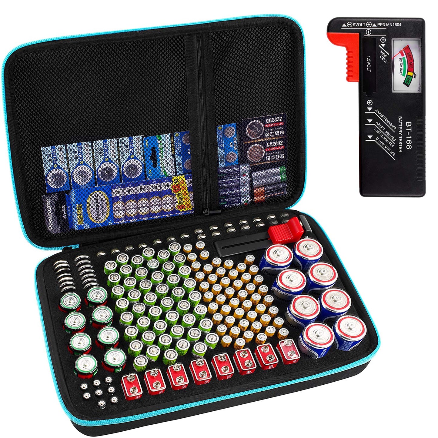 Battery Organizer Storage Case Box with Tester Checker, 220+ Batteries Holder Bag fits for AA AAA AAAA 9V C D Lithium 3V LR44 1.5V CR1632 CR2032 Home Garage Container