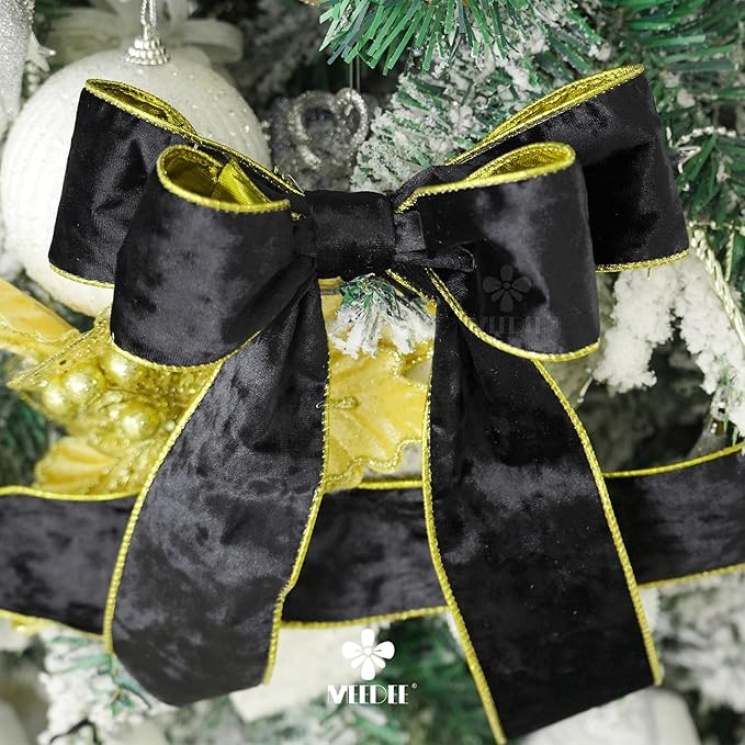 MEEDEE Black and Gold Velvet Ribbon 2.5 inch with 10 Yards Spool Two Tone Velvet Wired Ribbon for Gift Wrapping, Halloween Wreaths, Christmas Tree, Large Bow, Crafts Supply