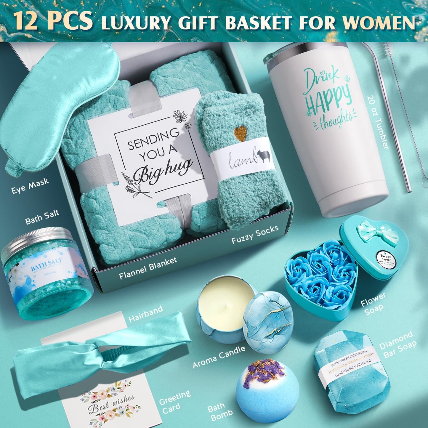 YFONG Gift Baskets for Women, 12PCS Get Well Gifts for Her, SPA Gift for Mom, Wife, Girlfriend, Friends, Blue Happy Birthday Gifts Set, Relaxing Self Care Gifts for Christmas Day - Ocean