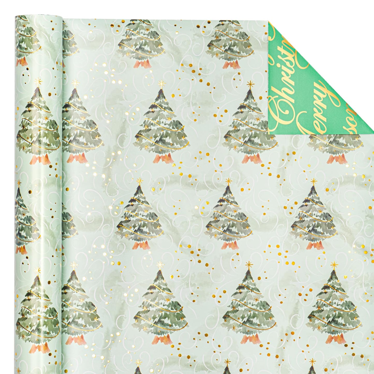 WRAPAHOLIC Reversible Green Christmas Wrapping Paper - Mini Roll - 17 Inch x 33 Feet - Watercolor Green Christmas Tree Wrapping Paper with Metallic Foil Shine for Holiday, Party, Celebration