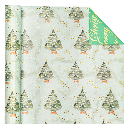 WRAPAHOLIC Reversible Green Christmas Wrapping Paper - Mini Roll - 17 Inch x 33 Feet - Watercolor Green Christmas Tree Wrapping Paper with Metallic Foil Shine for Holiday, Party, Celebration