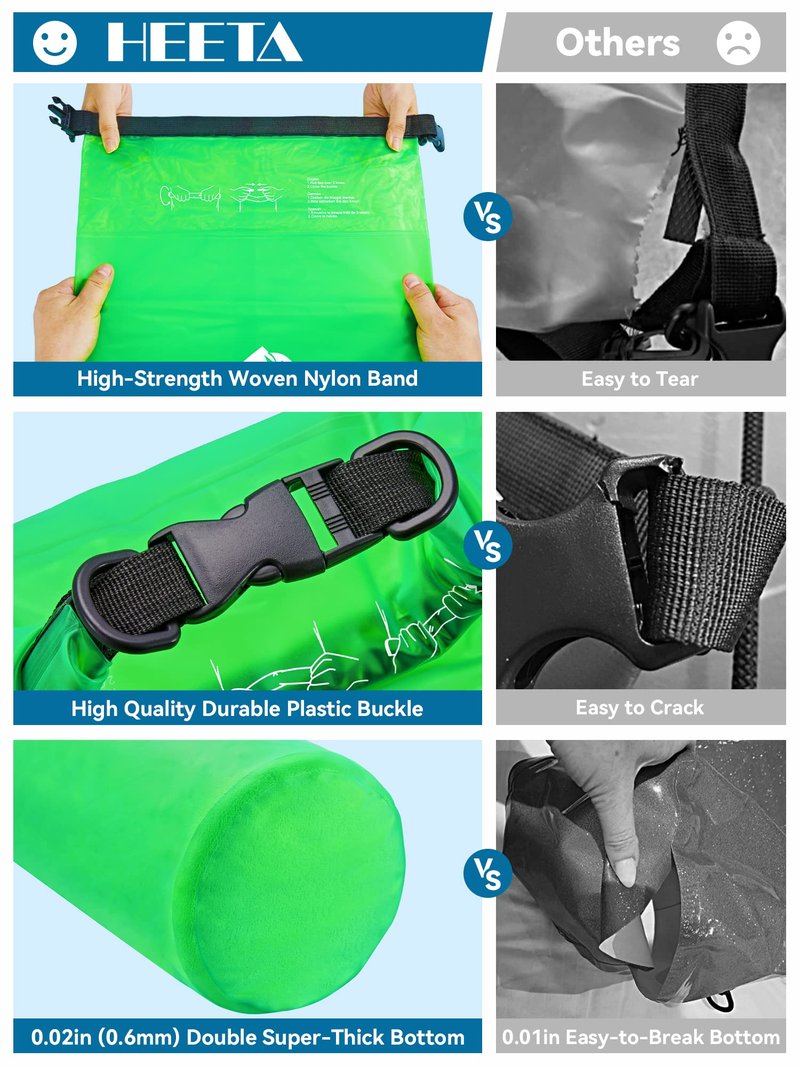 HEETA Dry Bag Waterproof for Women Men, Roll Top Lightweight Dry Storage Bag Backpack with Phone Case for Travel Swimming Boating Kayaking Paddle Board Camping Beach Accessories (Green, 40L)