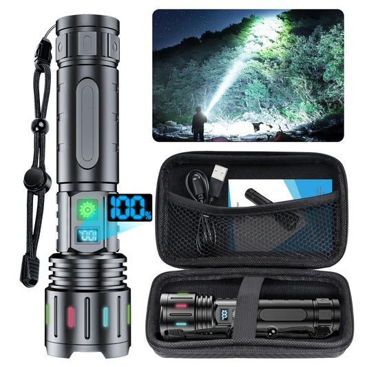 Hoxida Flashlights High Lumens Rechargeable - 1500 Meters Long Beam Super Bright LED Flash Light with Power Display & IPX5 Waterproof for Camping, 20H Runtime,Zoomable Handheld Flashlight-String
