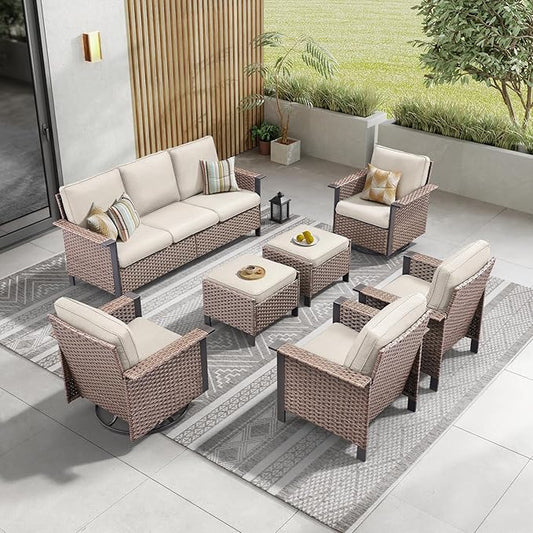 Outdoor Patio Furniture Set -7 Pieces All-Weather Wicker Swivel Patio Chairs Rattan 3 Seater Sofa with 2 Ottomans, Wicker Sofa Outdoor Furniture for Garden Porch Deck Backyard Brown/Beige