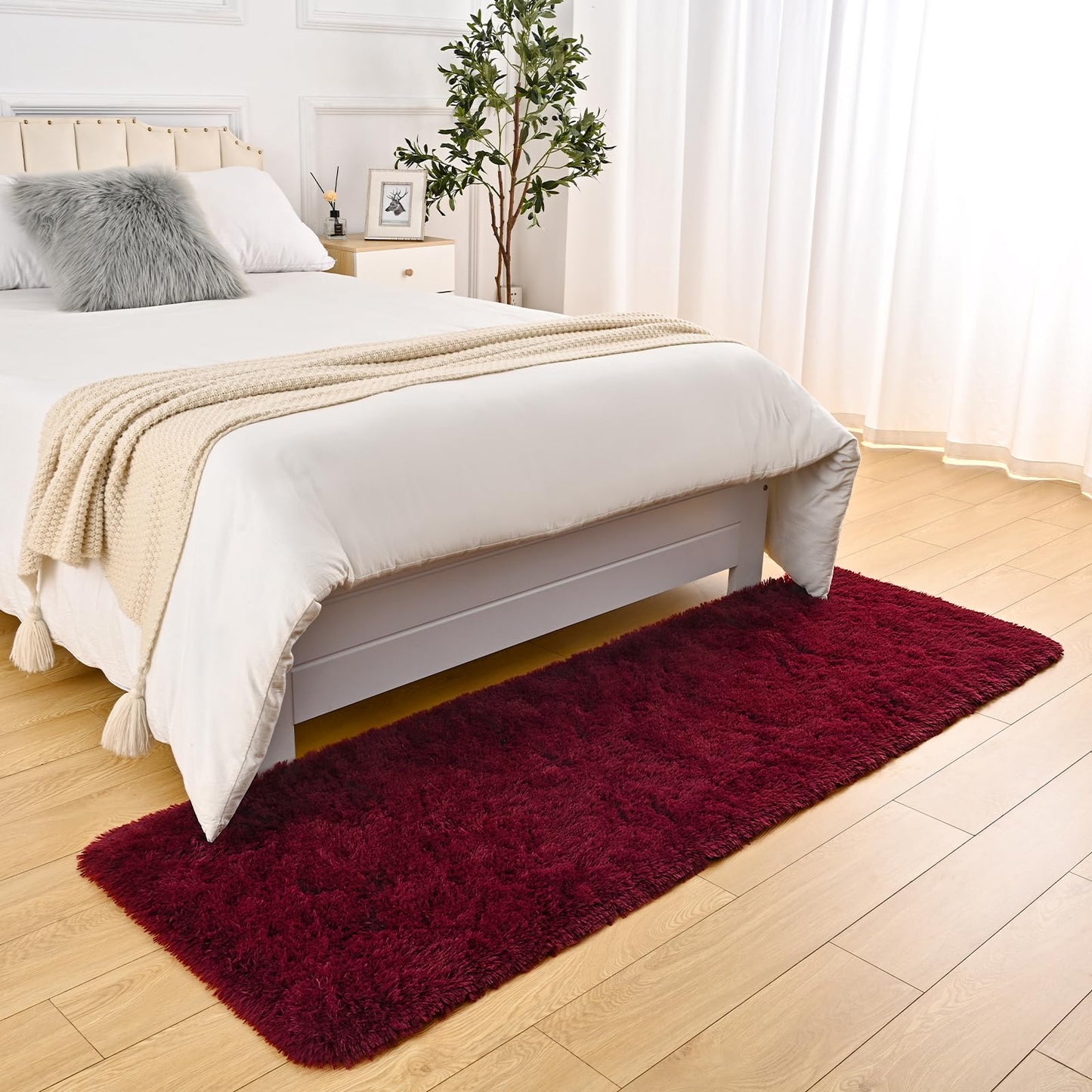 DweIke Fluffy Burgundy Red Runner Rugs for Bedroom, 2x6 Feet Soft Plush Long Runners for Girls Boys Kids, Non-Slip and Machine Washable Bedside Rug, Small Throw Carpet for Hallway Rooms Decor