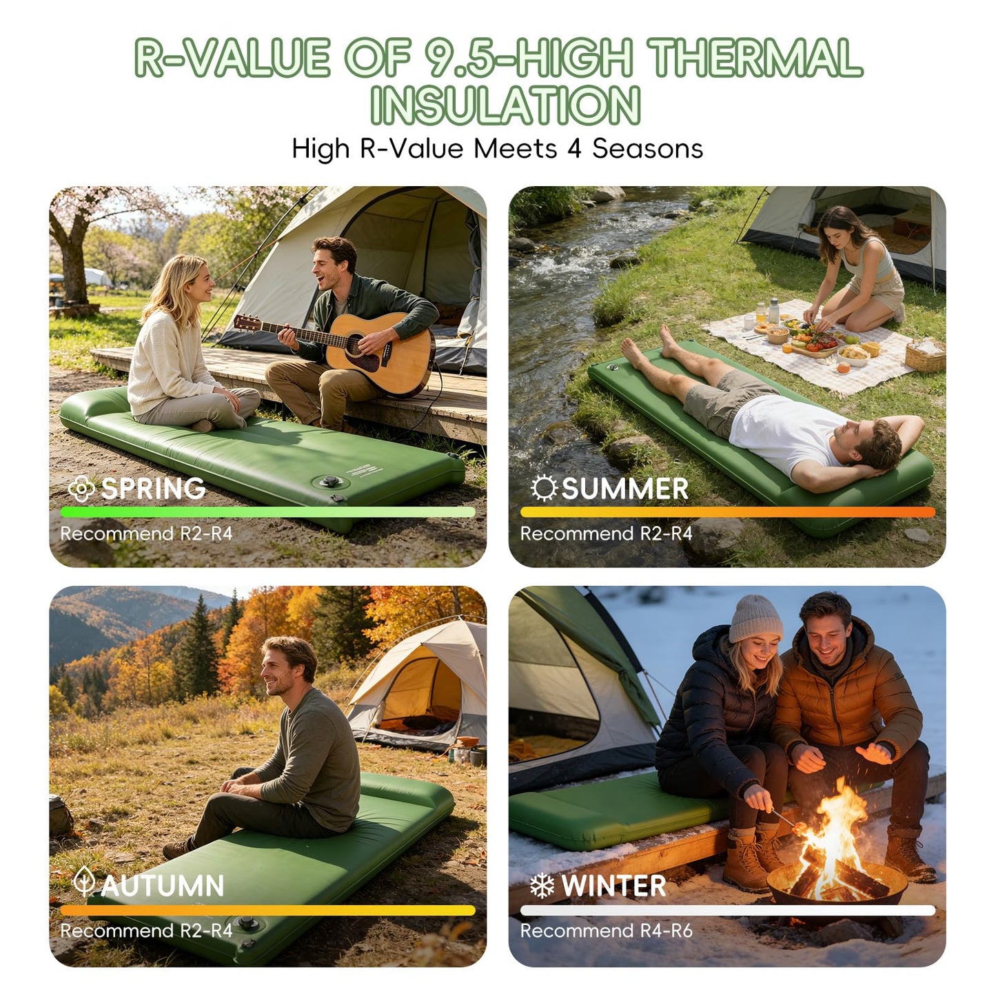 Memory Foam Camping Sleeping Pad, Foldable and Portable Self-Inflating Camping Mattress Pad, 9.5 R-Value Insulated & Quiet Sleeping Mat with Pillow, Compact for Backpacking Hiking Car Traveling Tent