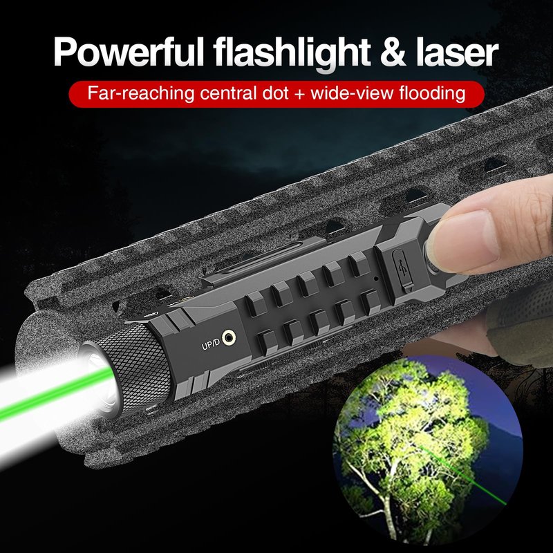 Solofish 1750 Lumens Green Laser Light Combo is Compatible with Picatinny/Mlok Rail for Rifle, Rechargeable Weapon Flashlight with Strobe/Momentary, with Power Level Indicator