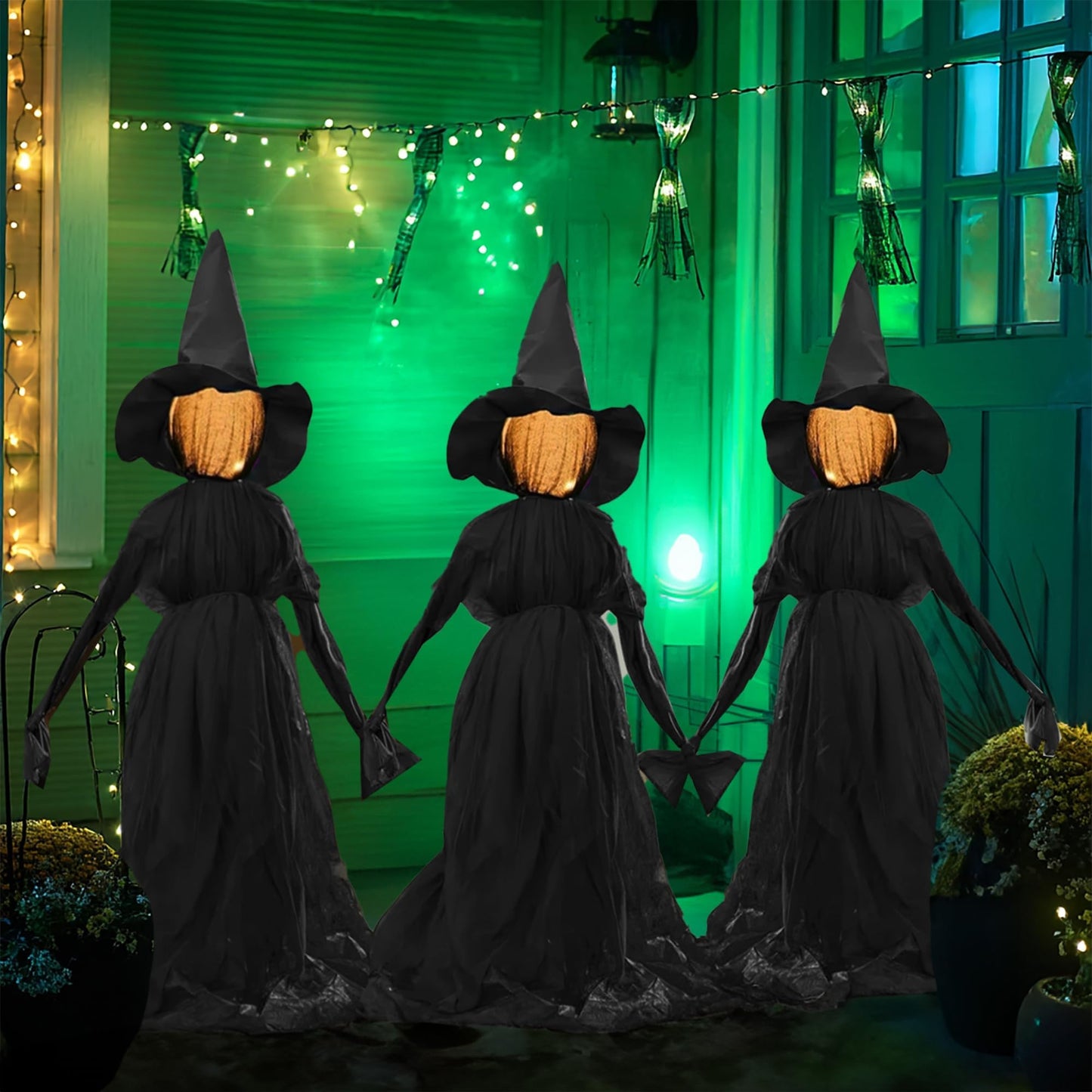 Hourleey Halloween Decorations Outdoor, 3 Pack 5 FT Holding Hands Lighted Witches Stakes with Glowing Face, Halloween Witch Decor for Yard Garden Lawn Porch Haunted House Party Props