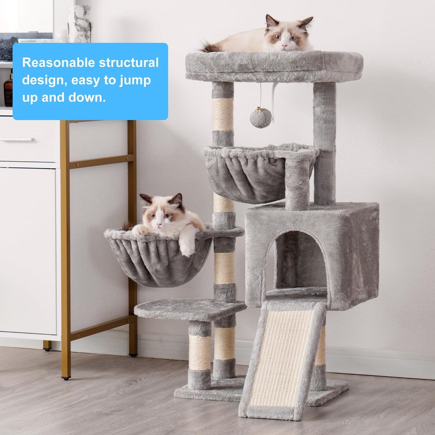 Hey-brother Cat Tree, Cat Tower for Indoor Cats, Cat House with Large Padded Bed, Cozy Condo, Hammocks, Sisal Scratching Posts, Big Scratcher, Light Gray MPJ006SW