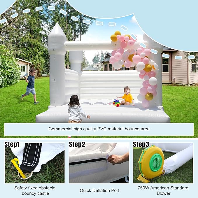 White Bounce House Castle with Air Blower 13FT, PVC Inflatable Bouncy Castle White Jumper Bouncy Castle Wedding Decorations Jumping Bed for Party Birthday(13FT x 11.5FT x 10FT)