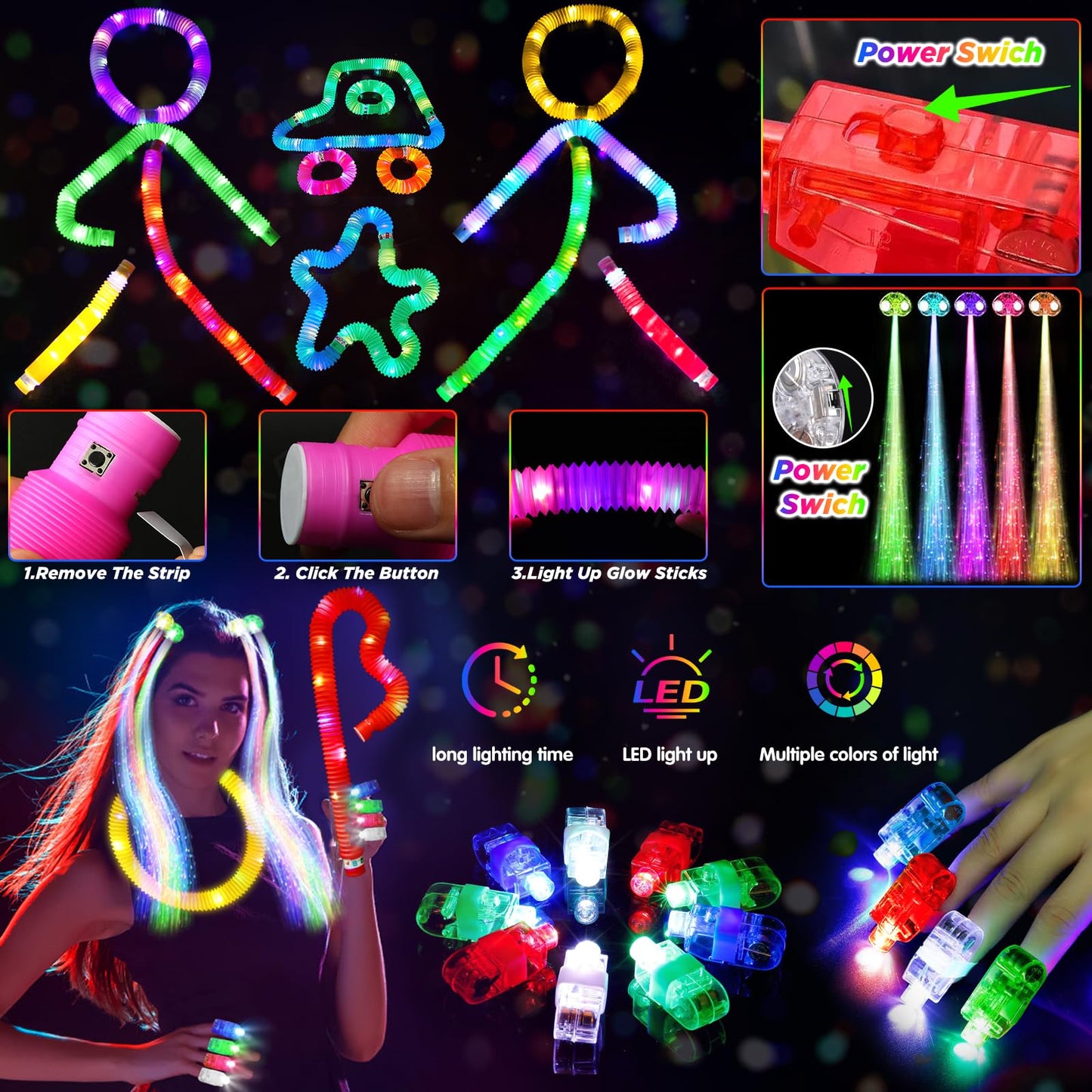 SHQDD Glow in the Dark Party Favors for Adults Kids, 27 Carnival Accessories, 56 LED Light Up Toys Bulk, 100 Glow Sticks Party Pack, Neon Party Supplies & Decorations