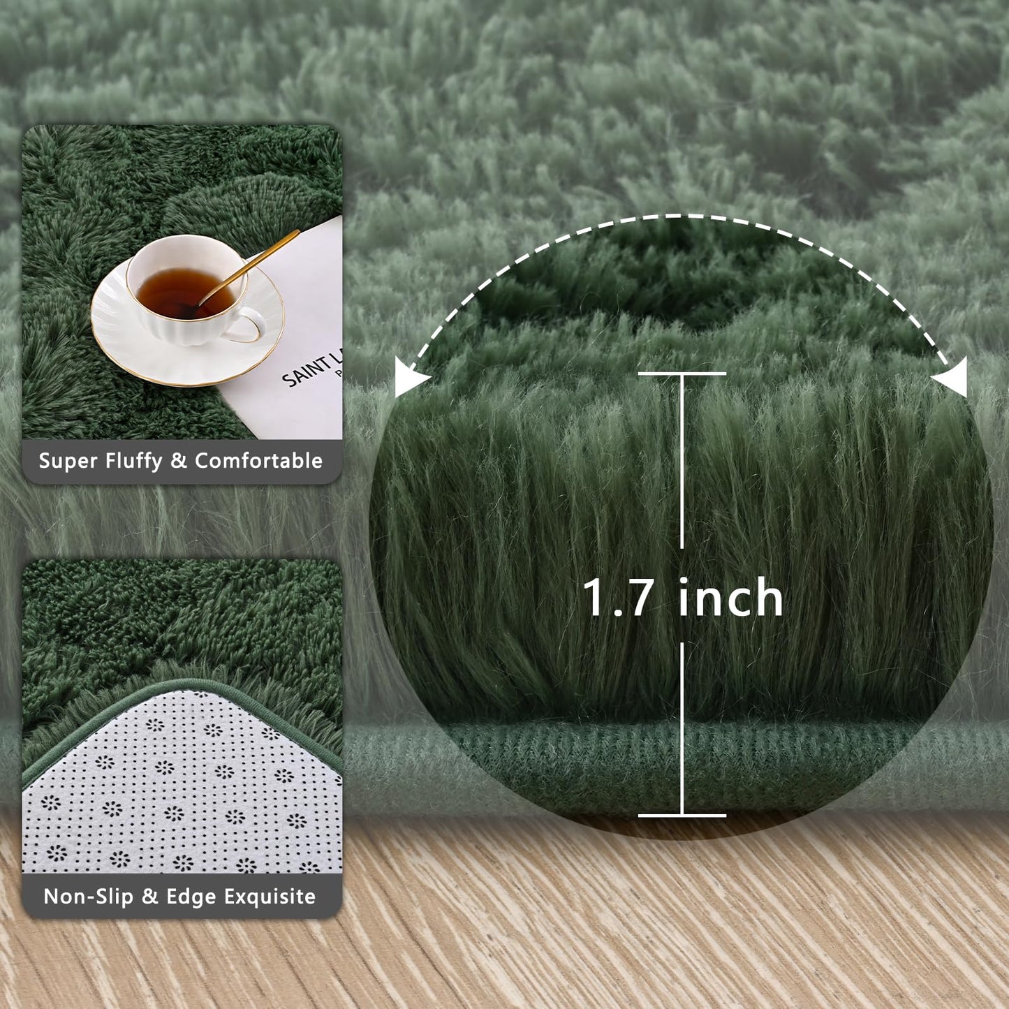 Zedrew Deep Green Runner Area Rugs for Bedroom Living Room, 2x4 Feet Fluffy Bedside Rugs, Soft Shaggy Carpet Rug for Kids Room Nursery, Furry Cute Rugs for Girls Boys Dorm Room Home Decor