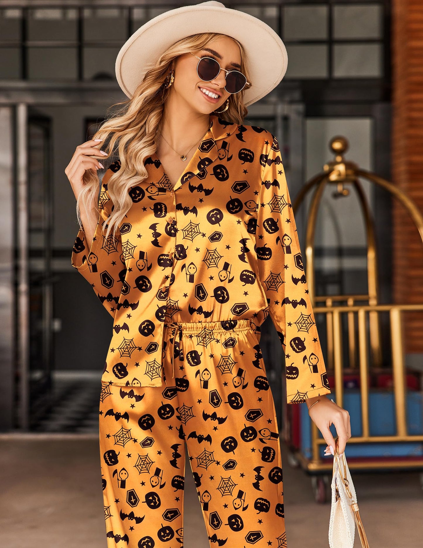 Ekouaer Silk Satin Pajamas Set Womens Long Sleepwear Button Down 2 Piece Classic Soft Loungewear Pjs Set (Halloween，M)