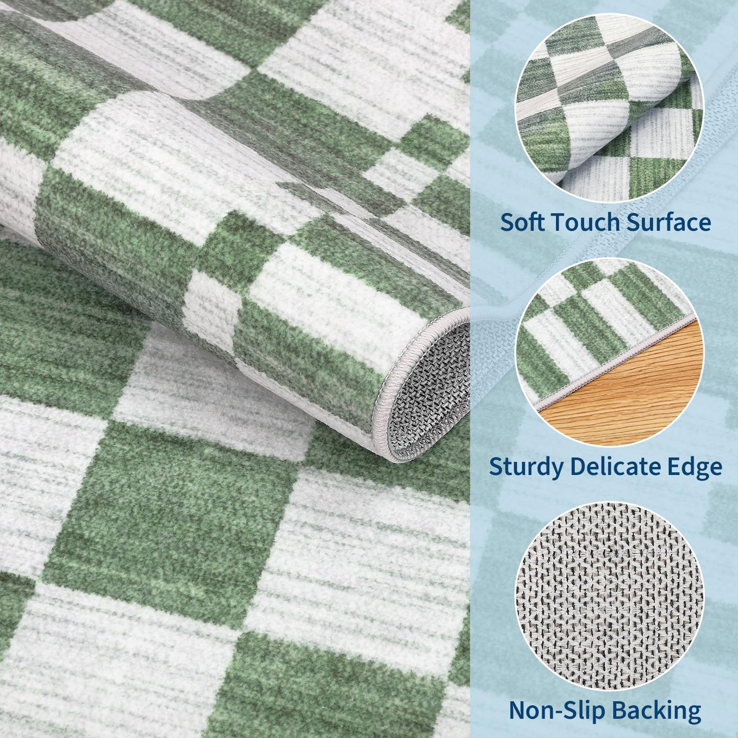 GarveeHome 8×10 Area Rugs for Living Room,Sage Green Checkered Rug, Non-Slip Washable Rugs 8x10,Soft Low-Pile Farmhouse Geometric Modern Rug for Bedroom Dining Room