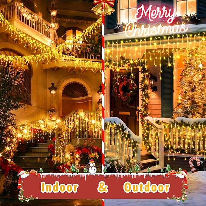 65 FT 640 LED Christmas Lights Outdoor Decorations Clear Wire String Lights Plug in 120 Drops 8 Modes Memory Timer Connectable Curtain Fairy Lights Waterproof for Holiday Wedding Party-Warm White
