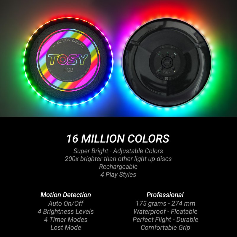 TOSY Flying Disc - 108 RGB Multicolor LEDs, Super Bright, Smart Modes, Cool Valentine Easter Gift, Camping Toy for Kid/Teen/Adult, Auto Light Up, Rechargeable, Waterproof, 175g, 2-Pack
