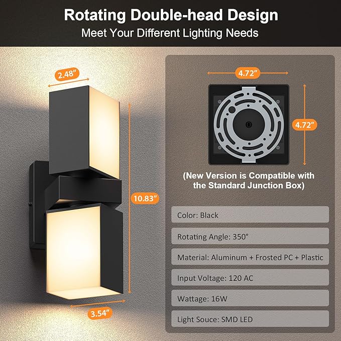 XMCOSY+ Outdoor Wall Light, 1400LM Smart RGBCW Outdoor Wall Sconce Lights, Adjustable Dual-Head LED Porch Light, WiFi APP Control, Alexa Compatible, IP65 Waterproof Outside Lights for House, 1 Pack