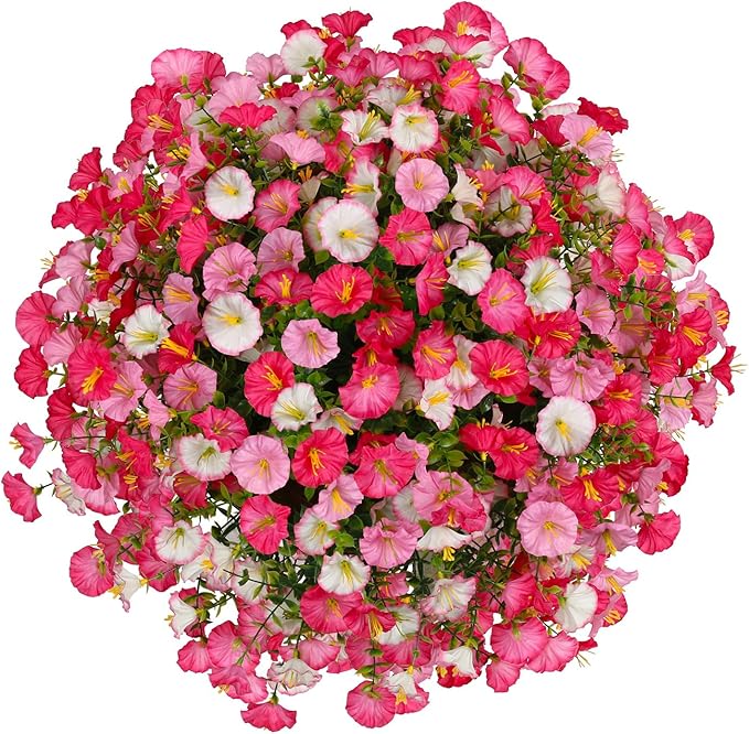 Florielle Artificial Hanging Faux Flowers Basket, Fake Silk Petunias Plants Arrangement,for Spring Summer Outdoor Decoration,UV Resistant, Morning Glorias,for Home Garden Decor (Dark Pink&White)