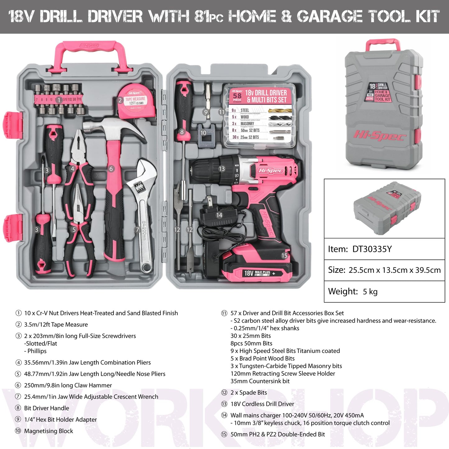 Hi-Spec 81pc Pink 18V Cordless Power Drill Driver Kit for DIY Projects