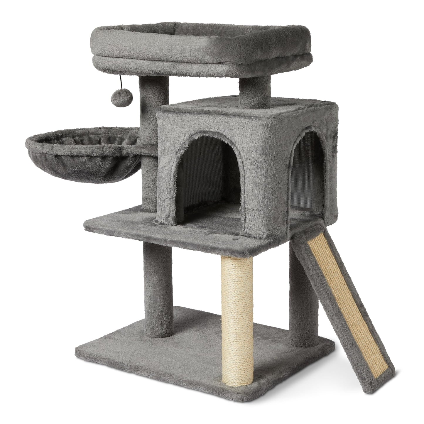 Amazon Basics Indoor Cat & Kittens Multi-Level Climbing Activity Tower with Scratching Posts, 2 Condos, FSC certified, M – 79cm H, Grey