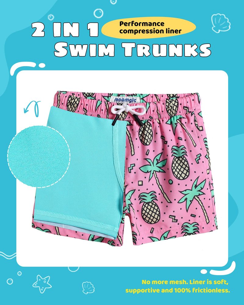 maamgic Boys Swim Trunks with Compression Liner Toddler Stretch Swim Shorts Quick Dry Swimming Trunks Boxer Brief 2 in 1 Beach Shorts Rose Coconut 10/12