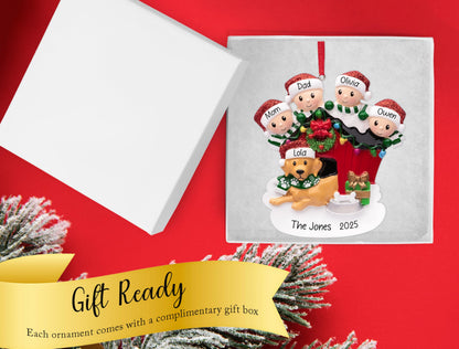UniqXmas Personalized Family of 4 with Dog Christmas Ornament 2025 | Parents Kids & Puppy with Doghouse Customized Xmas Tree Decoration | Family of Four with New Dog Keepsake - Custom Name & Year